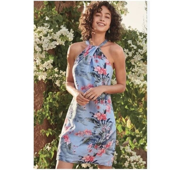 Tommy Bahama Dresses & Skirts - Tommy Bahama Blue Pink Floral Linen High Twist Neck Dress S